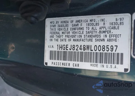 1998 Honda Civic Ex from USA, damaged, VIN 1HGEJ8248WL008597